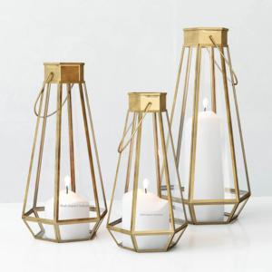 Tall Geometric Gold Color Metal and Glass Hanging Candle <b>Lantern</b> for Home and Wedding Tabletop Decor Floor <b>Lanterns</b> - Product Image 2