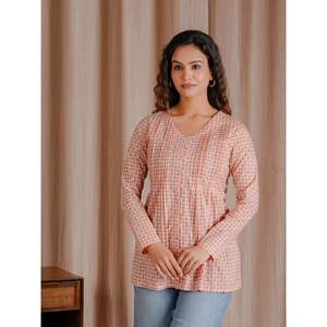 <b>Peach</b> Green Butti Cotton Short <b>Top</b> with Ruched Decoration - Product Image 3