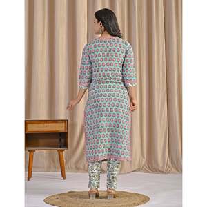 Ensemble Kurta et pantalon en coton imprimé à la main vert, style décontracté printanier - Product Image 6