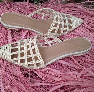 Mules plates en raphia beige à bout pointu, respirantes, pour femmes, pour l'été - Product Image 1