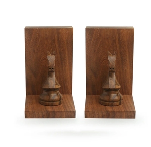 Caballo de ajedrez tallado a mano extremos de libros en madera Sheesham sujetalibros de ajedrez decorativos para estantes sujetalibros 2pack organizador de madera resistente - Product Image 3