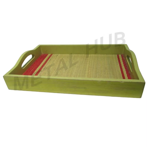 Plateau de service rectangulaire en bois de manguier de haute qualité avec tapis de paille en métal élégant plateau à thé fait main pour la cuisine à domicile et les cadeaux - Product Image 2