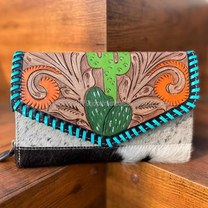 Nouvel arrivage de portefeuille élégant en cuir de vachette turquoise pochette usinée à la main sculpture coque de téléphone femmes à la mode nouveauté main - Product Image 2