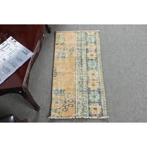 Alfombra de lana turca Vintage de 1,5x2,9 pies, diseño de retazos amarillo y azul, técnica de tejido plano para decoración para sala de estar, látex de 4m de ancho - Product Image 1