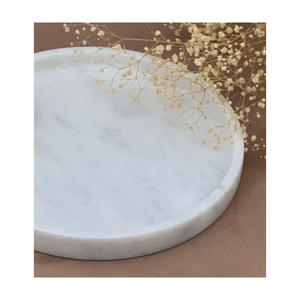 Venta al por mayor Makrana mármol pulido superficie hecha a mano duradera bandeja de servicio de forma redonda para el hogar Hotel restaurante uso en la India - Product Image 1