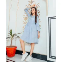 De Maison 2026 Tendance Vente Chaude Hawaïenne Été Rayée Écologique Coton Bleu Mini Manches Cloche Silhouette Droite Numérique