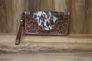 Western Style Hair on Hide Tooled Fur Leather Wristlet Clutch Women Designed <b>Purse</b> Hot Selling Tooled Leather Zipper <b>Wallet</b> - Product Image 4