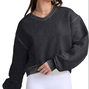 Acid Wash Heritage Fleece <b>Women's</b> <b>V</b>-<b>Neck</b> Long Sleeve Hoodie Winter Athletic <b>Sweatshirt</b> with Hooded Collar - Product Image 3