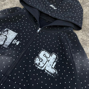 High Quality Manufacturer Sun Faded Zipper French Terry Streetwear Women Men Boxy Fit Rhinestone Hoodie <b>Zip</b> <b>Ups</b> - Product Image 3