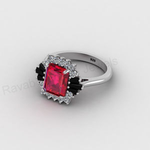 Anillo de compromiso con halo de diamantes CZ de corte esmeralda, ónix negro y cuarzo rubí, chapado en oro de 18k sobre plata 925, joyería fina para mujer. - Product Image 5