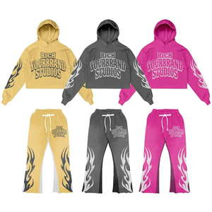 Oferta de Invierno: Sudadera con Capucha Unisex Vintage y Pantalones Acampanados de Cintura Elástica con Diseño Personalizado de Llamas y Letras Bordadas, Corte Holgado - Product Image 2