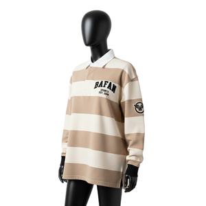 Camiseta de Rugby de Algodón Estilo Vintage para Mujer, Color Beige Crema, Cuello a Rayas, Logotipo Bordado con Parche, Camiseta de Rugby Personalizada para Mujer - Product Image 4