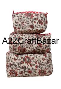 Quilted Toiletry Set Vintage <b>Makeup</b> Organizer for Travel Bridesmaid Cosmetic 3PC Pouch Set Hand Block Printed Boho Cotton <b>Vanity</b> - Product Image 3