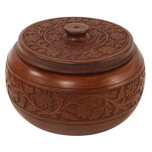 Casserole en bois émaillé avec couvercle sculpté floral Plat de service de repas chaud en bois artisanal, boîte décorative pour ustensiles de cuisine - Product Image 1