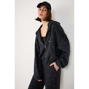 Chaqueta Deportiva de Estilo Diario con Cuello Redondo, Estampado de Piedras, Viscosa/Poliéster - Product Image 1
