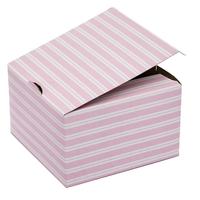 Boîtes à pâtisserie faciles à assembler, rayures roses et blanches, carton recyclé, pelliculage brillant, gaufrage pour aliments et collations, avec des éléments recyclés