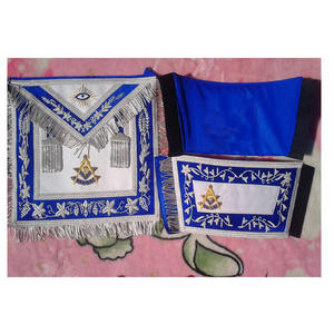 MASONIC PAST MASTER BORDADO A MANO DELANTAL PUÑO Y COLLAR MATCH BLUE TERCIOPELO Grand Inspector French National Grand - Product Image 1