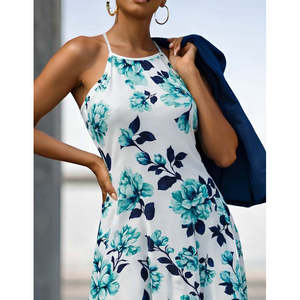 Vestido Maxi con Estampado Floral para Mujer de Jane's, con Tirantes Finos y Cuello Halter, Vestido Casual de Verano de Punto con Hombros Descubiertos - Product Image 3