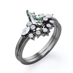 แหวนแต่งงานรูปทรงว่าวประดับมอสอาเกต เงินแท้ 925 ประดับพลอยแกะสลักลายแหลม สไตล์คลาสสิก ชุบทอง 14K แบบหนามเตย - Product Image 6