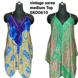 Indian Boho Stylish Fashion Tops Vintage Silk Saree Floral Printed Flower Comfortable Summer Wear Medium Tops For Ladies