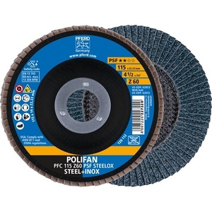 แผ่นขัดทรงกรวย POLIFAN Z PSF STEELOX ขนาด 115 มม. ความหยาบ 60 สำหรับเหล็ก/INOX ซิร์โคเนีย คอรันดัม PFERD-Pack บรรจุ 10 แผ่น - Product Image 1