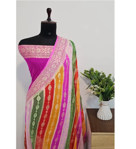 Sari en Georgette Khaddi Banarasi pur tissé à la main, tissu doux, travail de zari complexe, élégant, luxueux, drapé, pour mariage, fête, célébration - Product Image 5