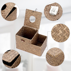 Boîte de rangement de mouchoirs en jonc de mer écologique Support de boîte à mouchoirs décoratif rustique avec organisateur latéral pour comptoir du Vietnam - Product Image 3