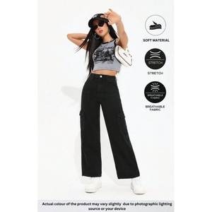 Jean cargo en denim noir taille haute pour femme, style Y2K, extensible, coupe décontractée, multi-poches, tendance, finition soignée - Product Image 2