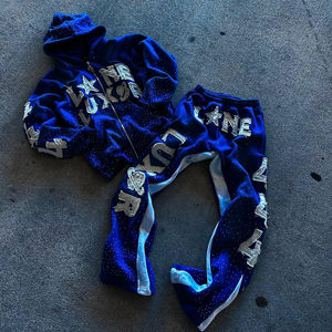 Chándal con bordado de diamantes de imitación estilo callejero Vintage para hombre, pantalones acampanados con capucha holgados transpirables, bordado desgastado - Product Image 6