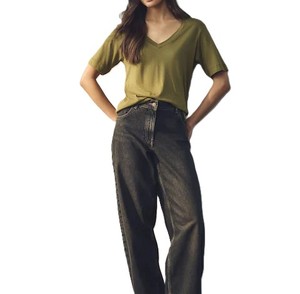 Nouvelle mode demi-manches femmes T-Shirt dernière conception confortable coupe ample col en V vêtements d'été utilisation en plein air couleur vert olive - Product Image 5