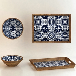 เครื่องครัวสำหรับตกแต่งชามไม้ทรงกลมดีไซน์ดอกไม้พร้อมถาดสีน้ำเงินหลากสีธรรมชาติสำหรับเสิร์ฟแป้งสลัดอาหารทำด้วยมือ - Product Image 1