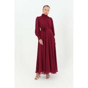 เดรสชีฟองคอสูงสำหรับผู้หญิงพร้อมเข็มขัดตกแต่งเอวทรงเอ็มไพร์-12520ELB - Product Image 5