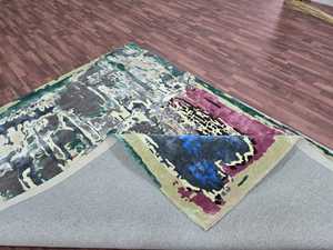 พรม Oshak สีน้ำเงินเข้มขนาด9x12พรมปูพื้นขนาดใหญ่แบบตุรกีมีลวดลายแอบสแตรกต์มีขาตั้งโลหะลายนามธรรมสีเบจ - Product Image 3