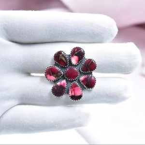 Fait à la main Rose Dahlia Turquoise Bague réglable en argent Sterling Unique Boho Déclaration Bijoux Cadeau pour les femmes - Product Image 1