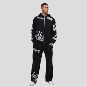 Nouveau design de survêtement délavé à l'acide 100% coton, pantalon évasé avec logo imprimé et sweat à capuche zippé pour hommes, vente en gros - Product Image 4