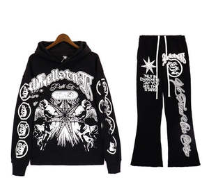 Streetwear vintage personnalisé ensemble de jogging impression par transfert de chaleur lavage à l'acide 100% coton survêtement sweat à capuche droit évasé - Product Image 4