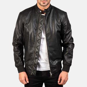 เสื้อแจ็คเก็ตบอมเบอร์หนังแท้สไตล์วินเทจสำหรับผู้ชาย GLOBAL LEATHER คุณภาพสูง สีดำ ปักลาย ฮู้ดผ้าเดนิมทอ ทรงหลวม ไซส์ 6XL - Product Image 1