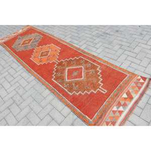 <b>Vintage</b> Orange & Beige Turkish Wool <b>Rug</b> 3 X 10.4ft Flat Weave Patchwork Design for Teen Living Room Decorations Latex Backing - Product Image 4