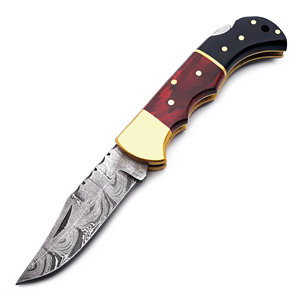 Handmade Damascus Steel EDC Pocket <b>Knife</b> Red Black Pakka Wood Back <b>Lock</b> Folding <b>Knife</b> with Leather Sheath for Outdoor Camping - Product Image 3