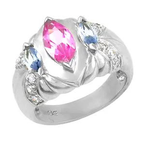 Anillo de Plata 925 con Incrustaciones de Piedras Preciosas Rosas y Azules, Estilo Religioso Romántico, Diseño de Flor y Número, con Baño de Rodio, para Mujer 'IS' - Product Image 1
