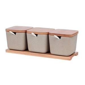 Juego de cocina de almacenamiento de tarros al por mayor de 3 cajas de metal con tapa de bandeja de madera tarros de té de azúcar y leche lámina y acabado natural blanco - Product Image 1