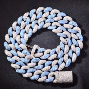 Cadena de eslabones cubanos de Miami de moissanita blanca y azul de 14mm, collar de calle hecho a mano, cadena cubana de moissanita de plata 925 para hombre - Product Image 6