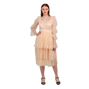 Luxury Designer Peach Midi <b>Dress</b> for Women Trending Party Wear Square Neck Puff Sleeve Layered <b>Ruffle</b> <b>Dress</b> Premium Look - Product Image 1