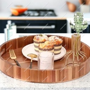 Bandejas de madera redondas naturales con mango de madera Bandeja para servir pan de té de café de mimbre ecológico biodegradable sostenible - Product Image 5