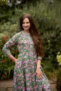 Robe Ragalata faite à la main, coupe trapèze, longueur mollet, bohème, vert rose, pur coton, robe de vacances, mode éthique - Product Image 3