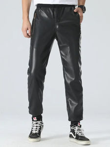 Pantalones de cuero para hombre con bolsillos con cremallera | Diseño cómodo y moderno Pantalón de hombre antiarrugas teñido liso antiarrugas - Product Image 5