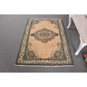 3.4x4.9 ft Vintage Turkish Rug, Accent Rug, <b>Brown</b> Blue Striped <b>Wool</b> Rug - Product Image 1