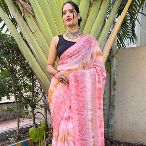 Sari con estampado digital de Georgette con blusa de algodón sin coser Rosa atractivo para ocasiones especiales estampado de lámina listo para usar - Product Image 1