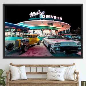 Impresión en lienzo de Mels Drive-In: Diner retro de los años 50, arte de coches clásicos, lienzo con marco NEGRO - Product Image 1