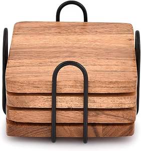 Juego de 4 posavasos cuadrados de madera con soporte de hierro para mesa de comedor Posavasos de barra de madera para mesa de centro/Cocina - Product Image 2